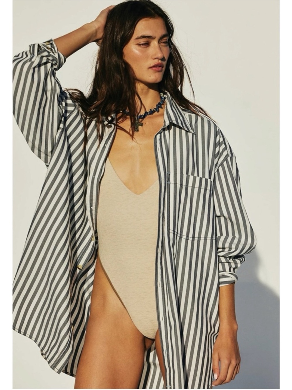 Free People Oversized Freddie Striped Shirt Nautical Navy - Picture 3 of 6